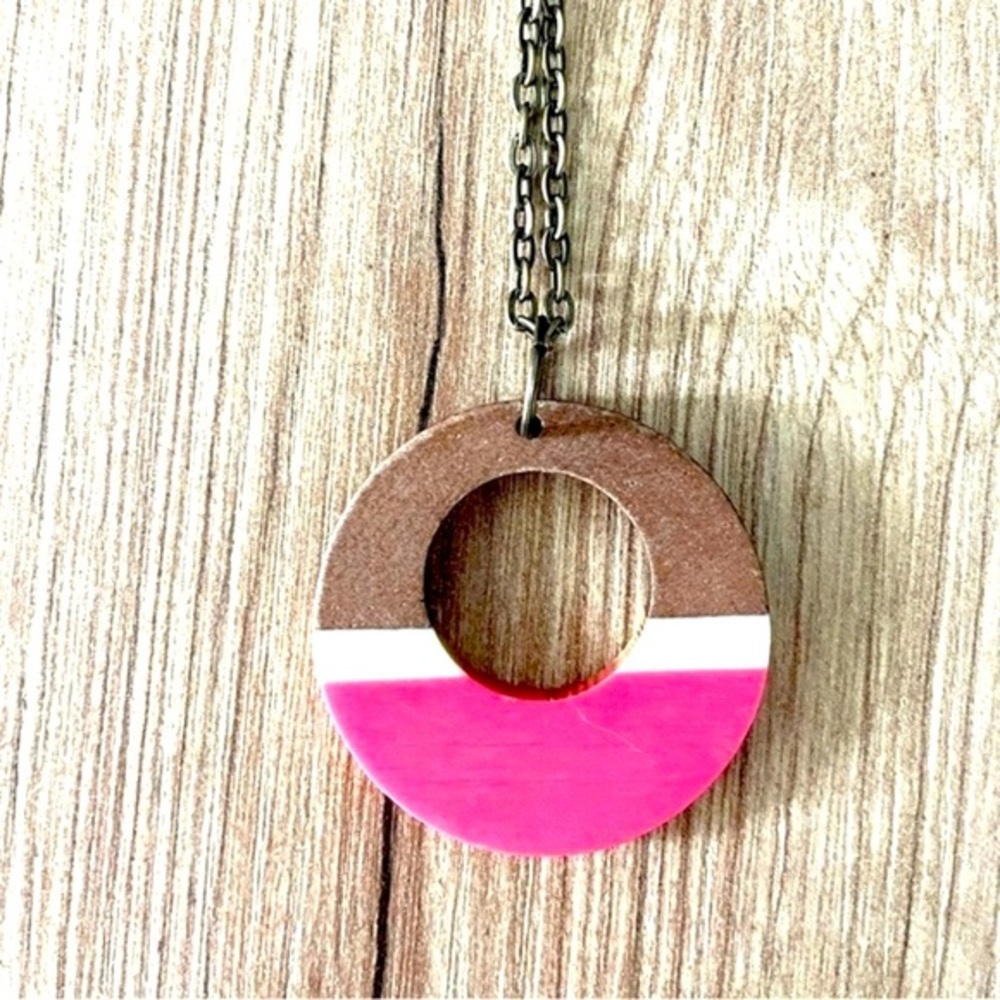 Wood and Resin Geometric Pendant Necklace, NWT, Handmade